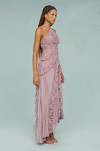 Pleated Halter Neck Ruffle Trim High-Low Maxi Gown