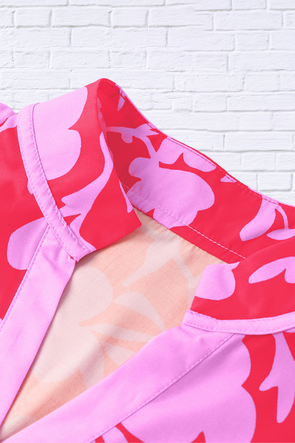 Floral Split V-Neck Ruffled Short Sleeve Blouse _ Pink on Pink