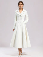 White Woolen Flared Coat For Woman Wide Lapel Double-breasted Winter A-line Midi Outerwear 2026