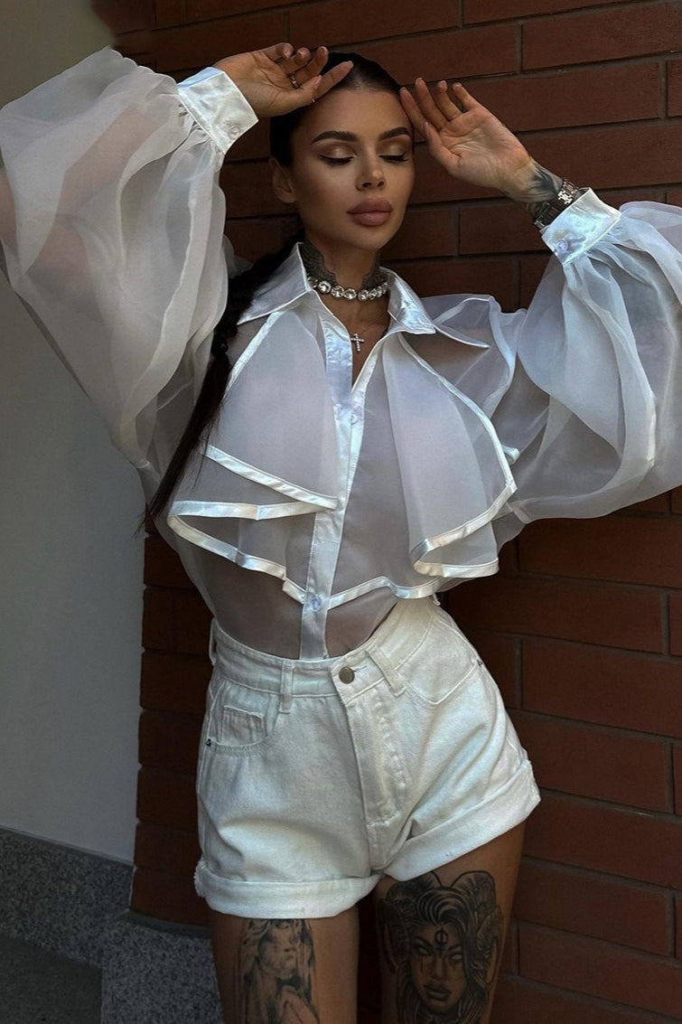 Sheer Lantern-Sleeve Collared Ruffled Blouse