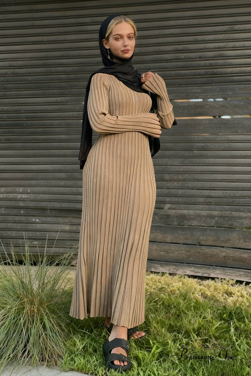 Ribbed Knit Crew Neck Long Sleeve Ruffle Cuff Maxi Dress