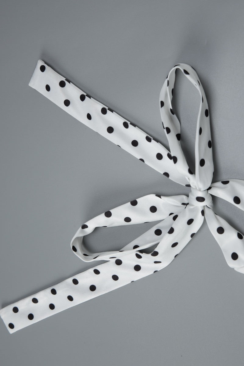 White Cowl Neck Halter Polka Dot Asymmetrical Hem Midi Dress