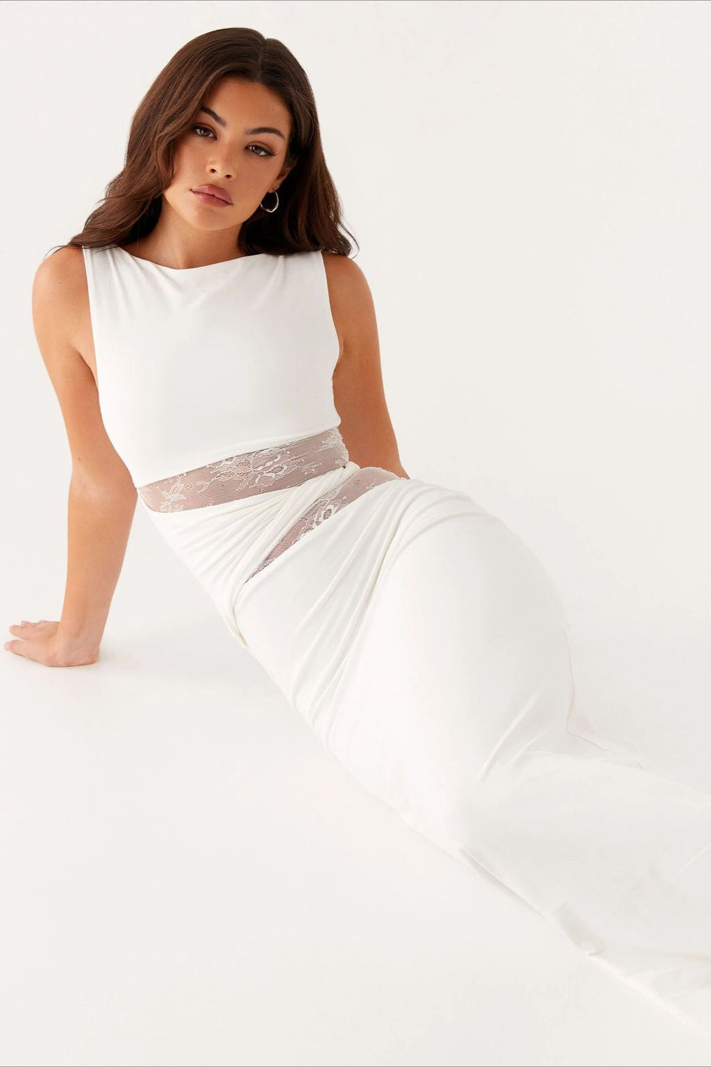 Lace Panel Boat Neck Cut Out Waist Sleeveless Bodycon Maxi Dress