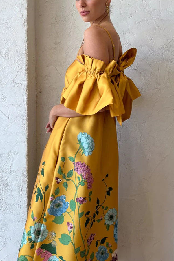 Floral Print Cold Shoulder Ruffle Sleeve Empire Waist Pocket Midi Dress