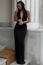 Hooded Deep V-Neck Sleeveless Column Maxi Dress