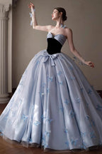 Floral Applique Strapless Ball Gown Prom Dress