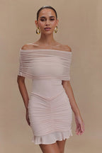 Off Shoulder Mesh Band Ruched Ruffle Hem Bodycon Mini Dress