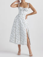 Leaf Print Tie Front Thigh Splice Midi Dress