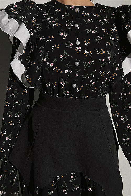 Removable Belt Long Sleeve Casual Floral Dress