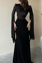 Satin Ruched High Neck Bell Sleeve Slit Mermaid Maxi Gown