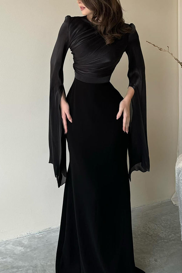 Satin Ruched High Neck Bell Sleeve Slit Mermaid Maxi Gown