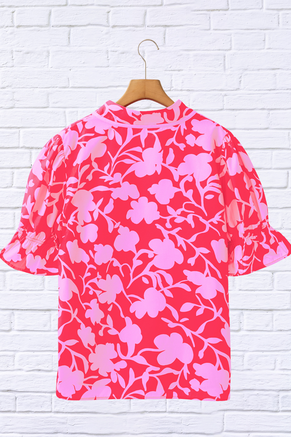 Floral Split V-Neck Ruffled Short Sleeve Blouse _ Pink on Pink
