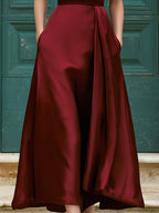 Red Satin Sleeveless V-Neck Midi Dress With Draped Skirt