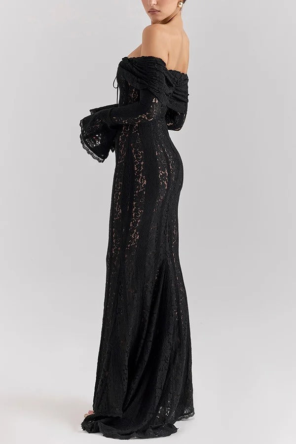 Leila Elevated Off Shoulder Floral Lace Flared Sleeve Fishtail Maxi Dress White Occasion Wear