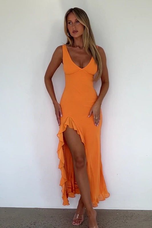 Deep V-Neck Ruched High Split Ruffle Trim Maxi Dress