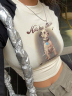 Raglan Puppy Print Slim Crop Long Sleeve Knit