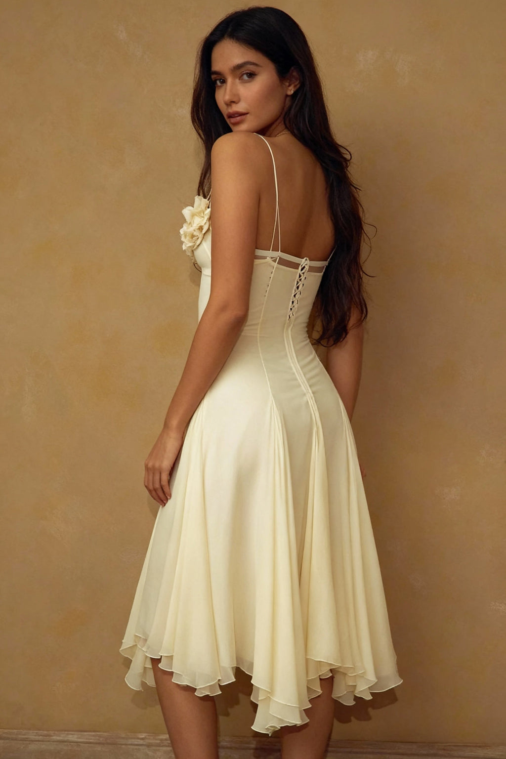 Chiffon Deep V-Neck Lace Up Corset 3D Floral A-Line Midi Dress