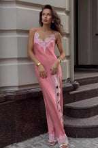 Spaghetti Strap Deep V Floral Lace Trim High Slit Satin Maxi Slip Dress