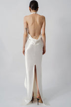 Elegant Draped Neck Backless Slit Long Prom Dress