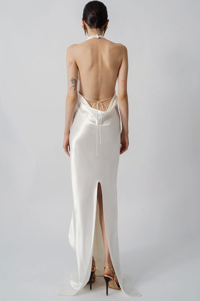 Elegant Draped Neck Backless Slit Long Prom Dress