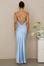 The Evangeline One Shoulder Satin Maxi Dress Blue