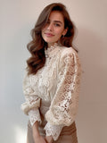 Blouse For Women Pink Lace Cut Out High Collar Casual Long Sleeves Lace Tops