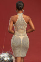 Sexy Halter Mesh Rhinestone Print Bodycon Cocktail Dress