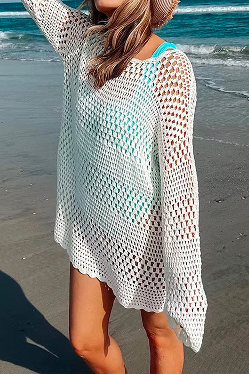 Long Sleeves Hollow Out Crochet Beach Cover Up Dress