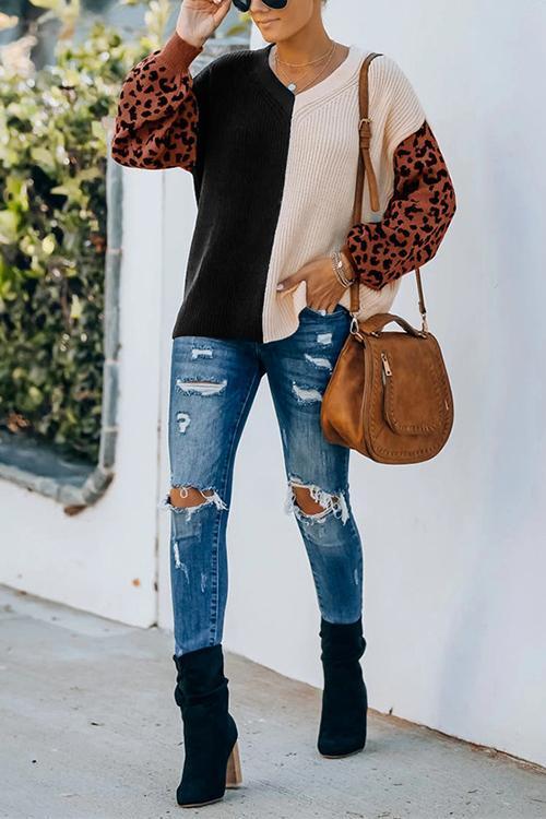 V Neck Leopard Splice Color Block Cozy Sweater