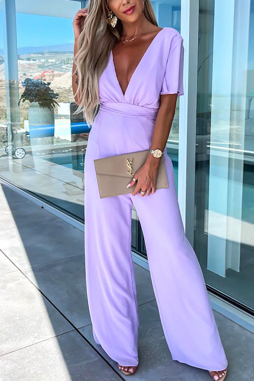 Deep V Neck Ruffle Sleeve High Waist Wide Leg Jumpsuit