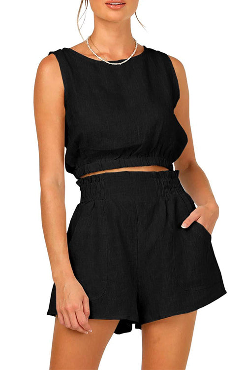 Solid Crop Tank Top Elastic Waist Wide Leg Shorts Set