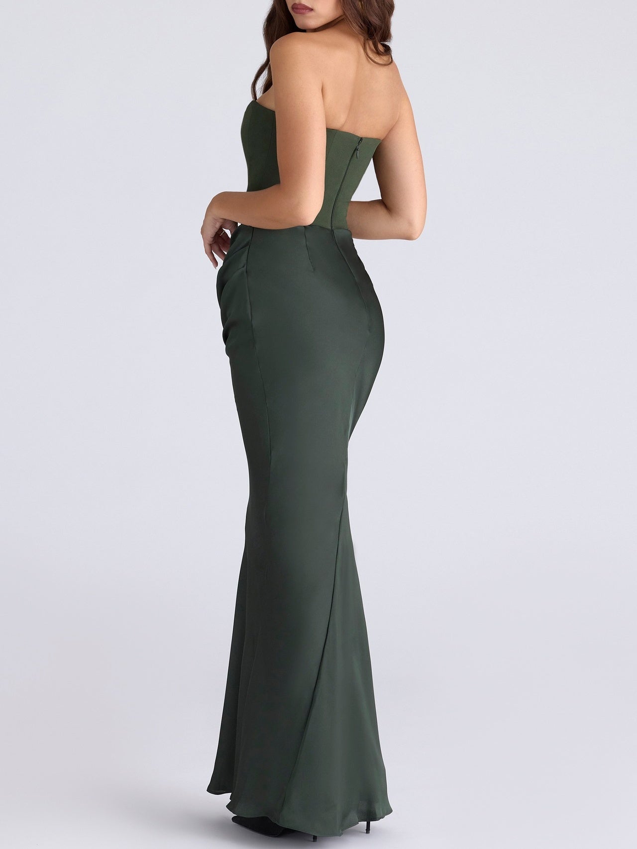Satin Belted Strapless Off-the-shoulder Fishbone Pleated Long Bodycon Dress