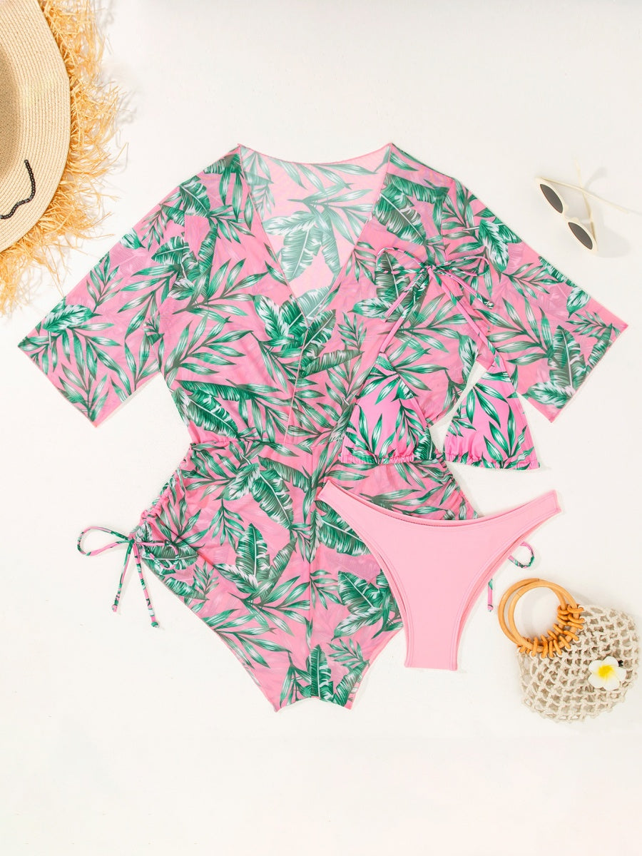 Leaf Print Waist-cinching Tie Long-sleeved Sun Protection Bikini Three-Piece Set