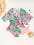 Leaf Print Waist-cinching Tie Long-sleeved Sun Protection Bikini Three-Piece Set