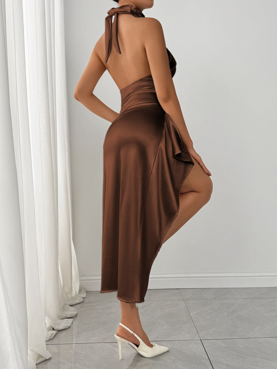 Satin High Fork Crew Neck Halter Backless Pleated Long Dress