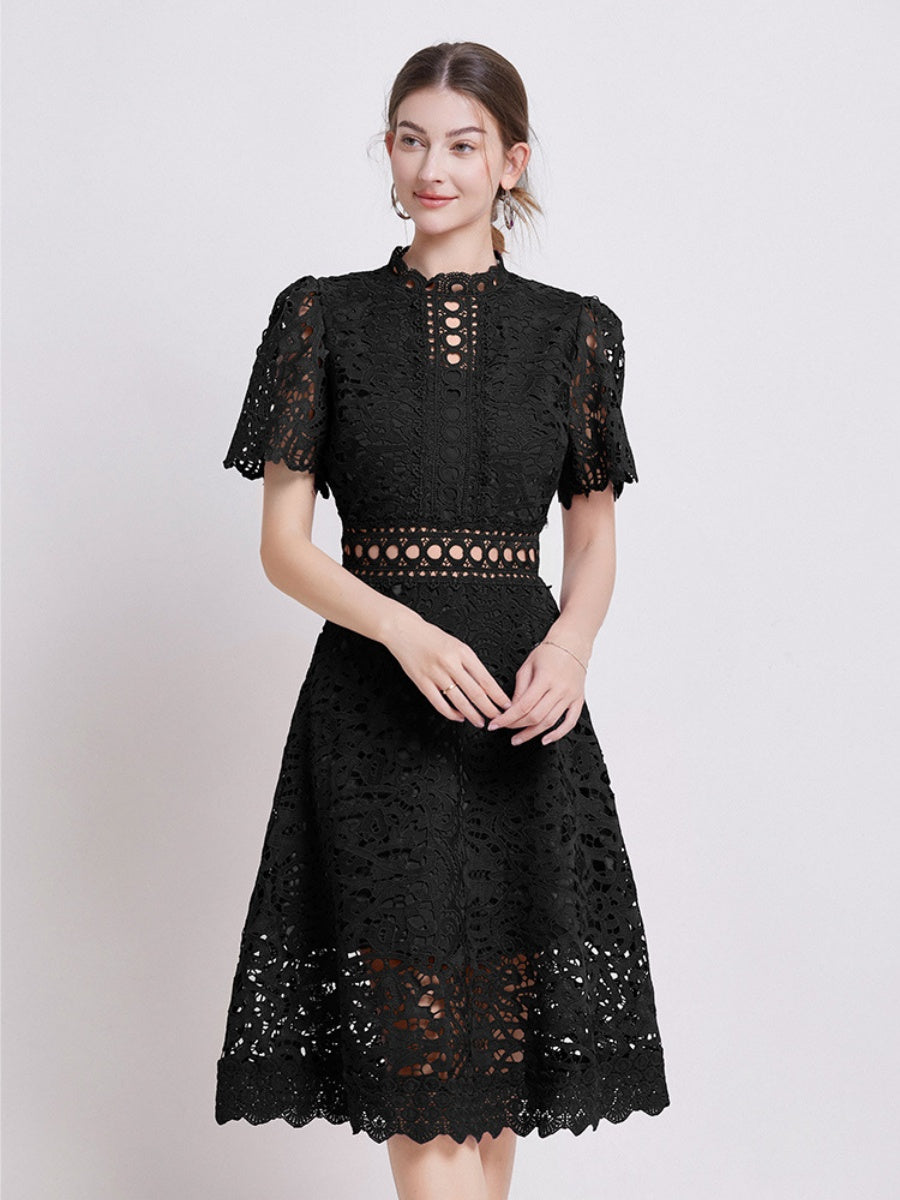 Lace Waist-cinching Hollow-out Midi Dress