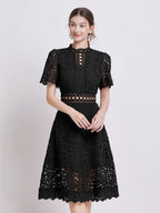 Lace Waist-cinching Hollow-out Midi Dress