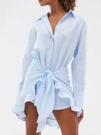Pure Cotton Lapel Hip-hugging Shirts Mini&Short Dresses