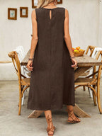 Pullover Crew Neck Sleeveless Pocket Solid Color Midi Dresses