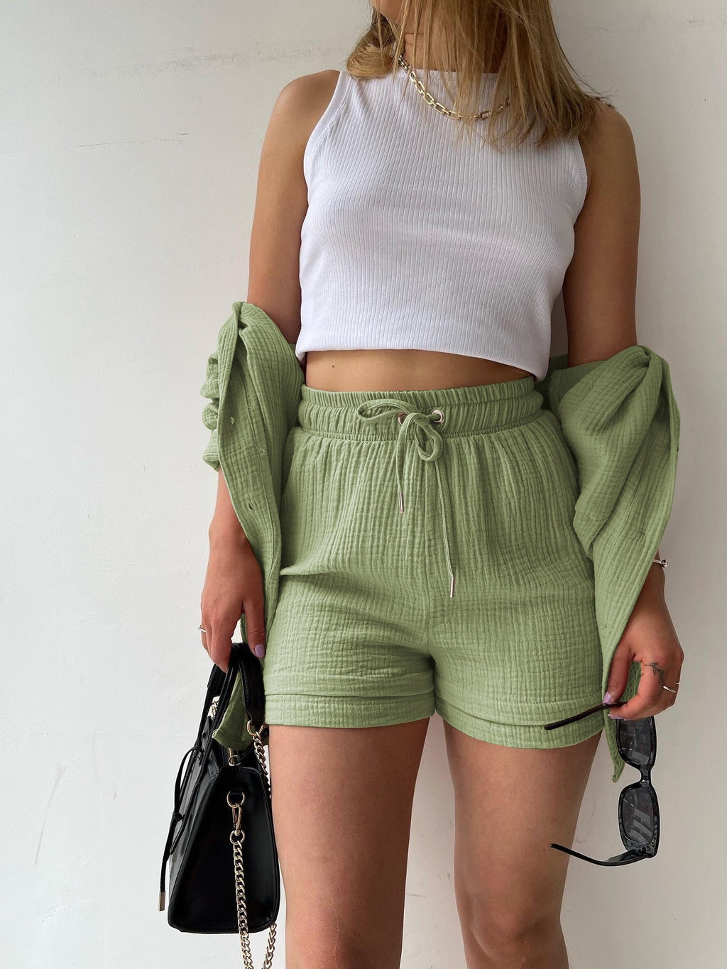 Long-sleeved Shirt And High-waisted Drawstring Shorts Casual Two-piece Set