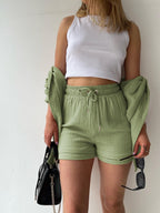 Long-sleeved Shirt And High-waisted Drawstring Shorts Casual Two-piece Set