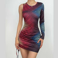 Polka dot contrast one shoulder drawstring irregular mini dress
