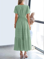 V-neck, Gathered, Puff Sleeve, Full Skirt, Short-sleeved Long Dress