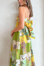 Dragon Print Patchwork Grid Empire Waist Pocketed Maxi Dress
