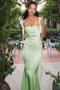 Square Neck Ruffle Strap Ruched Waist Mermaid Maxi Dress