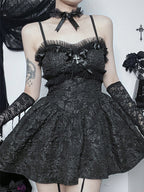 Sweetheart Jacquard Floral Lace Trim Corset Bodice Flared Mini Dress
