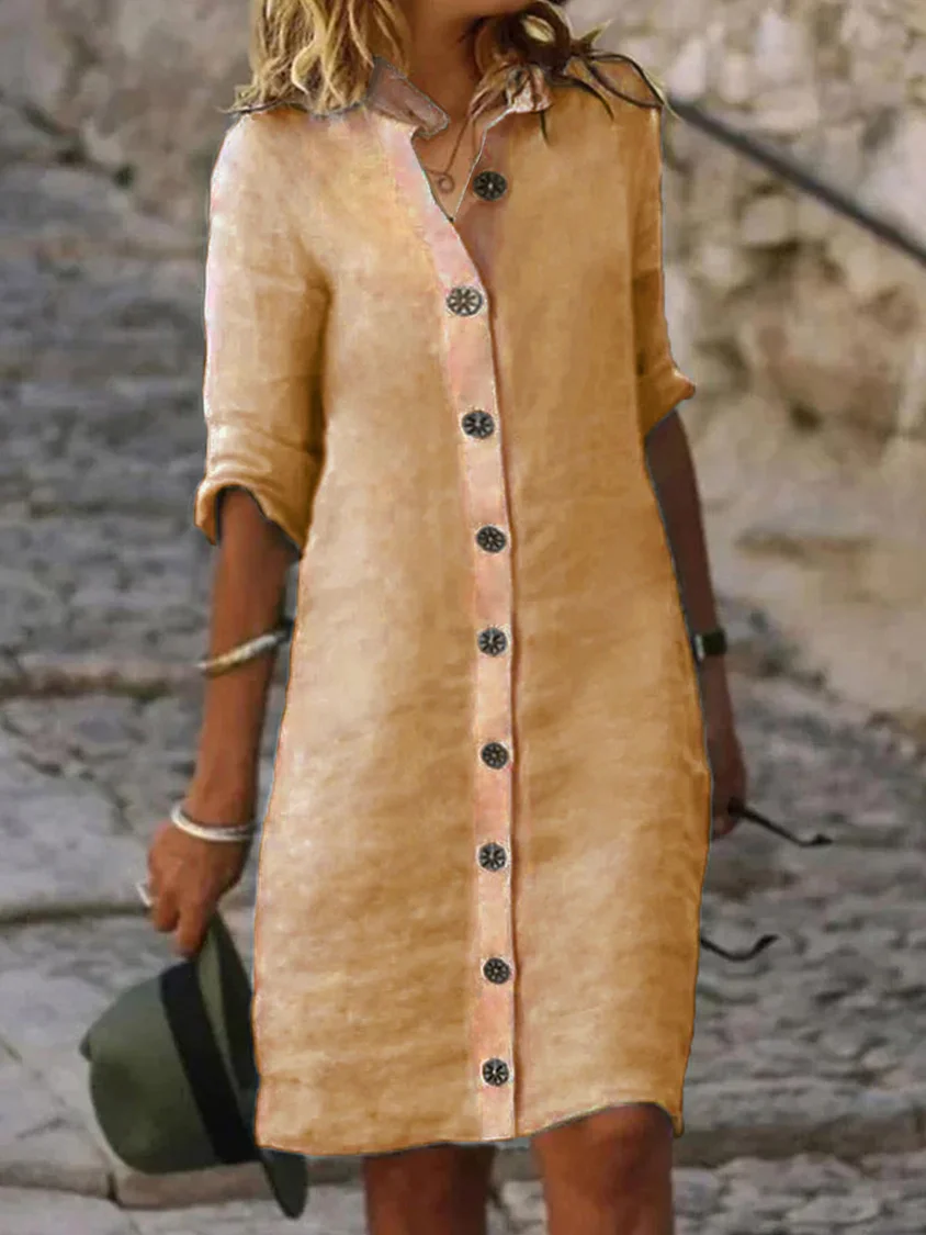 Casual   Big Round Buttons Cotton  Dress