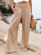 Khaki Linen Pants Wide Leg Elastic Waist Summer Trousers