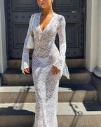 Sheer Lace Deep V-Neck Bell Sleeve Bodycon Maxi Dress