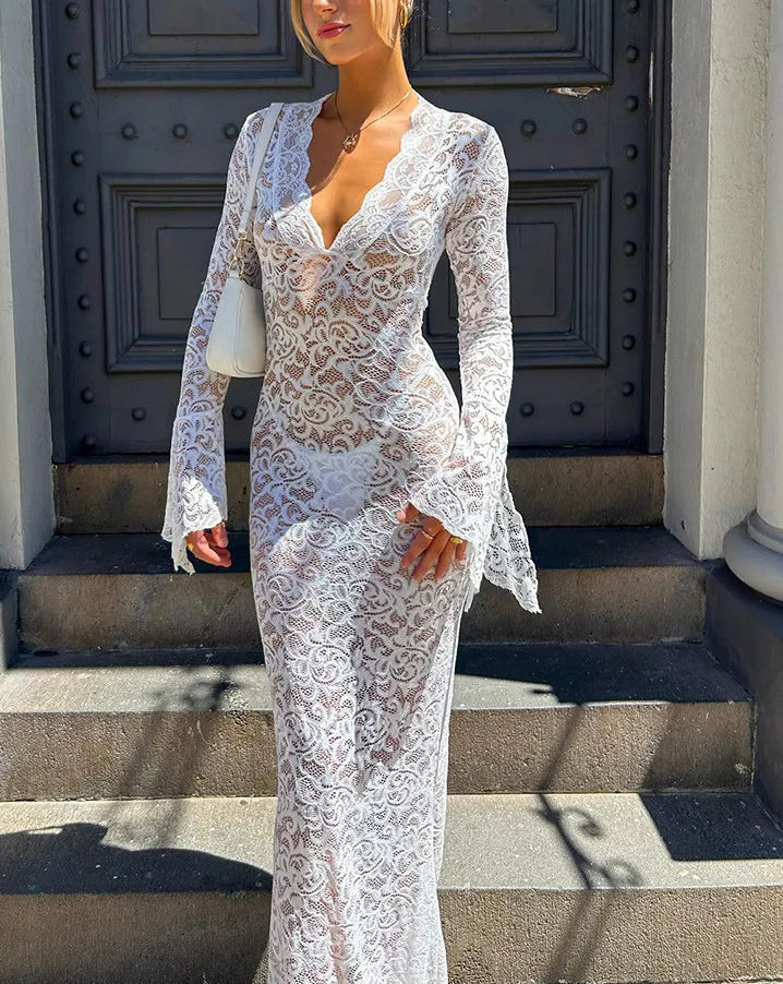 Sheer Lace Deep V-Neck Bell Sleeve Bodycon Maxi Dress